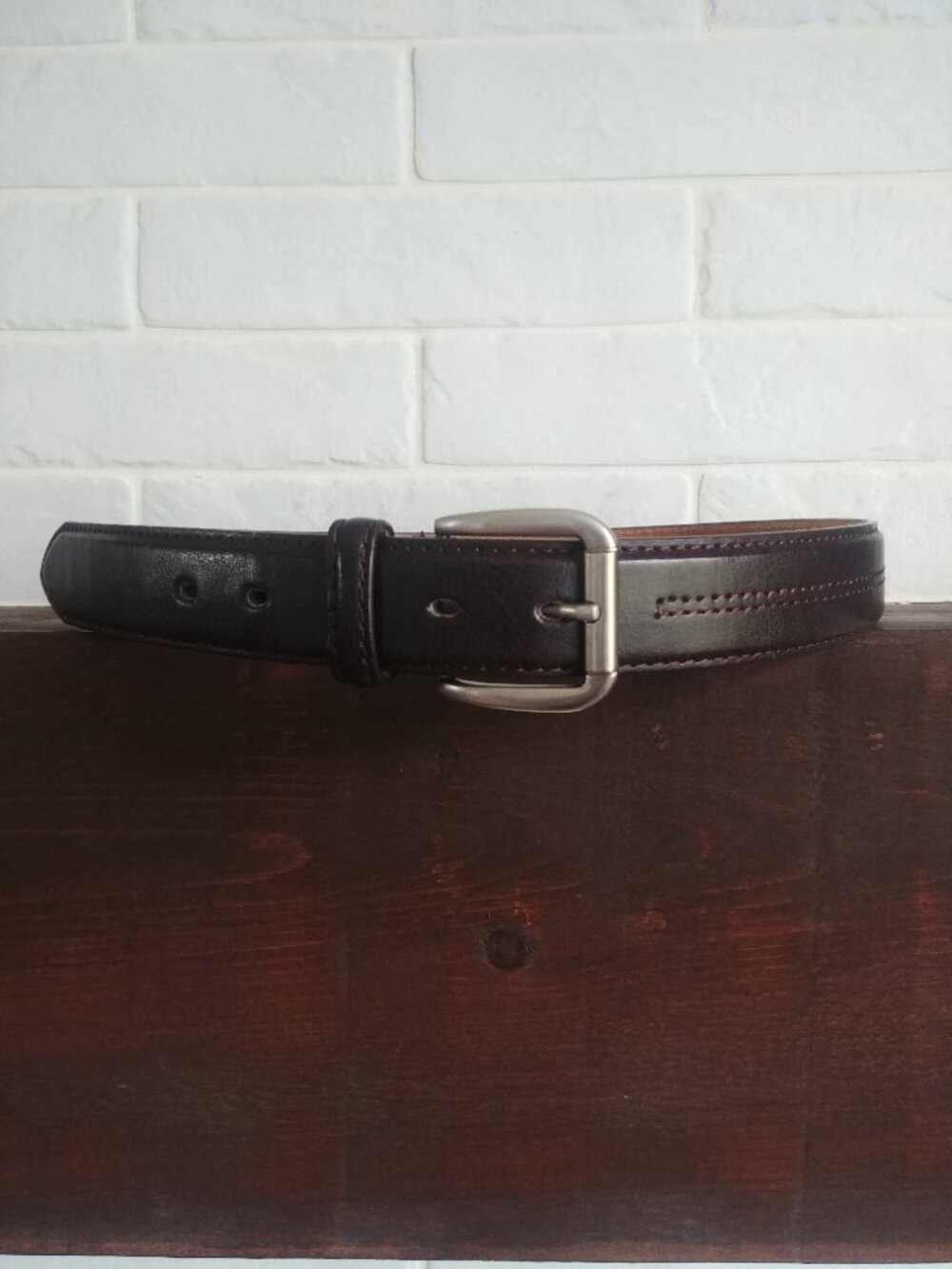 Men's Italian style split leather dark brown belt with silver buckle 32